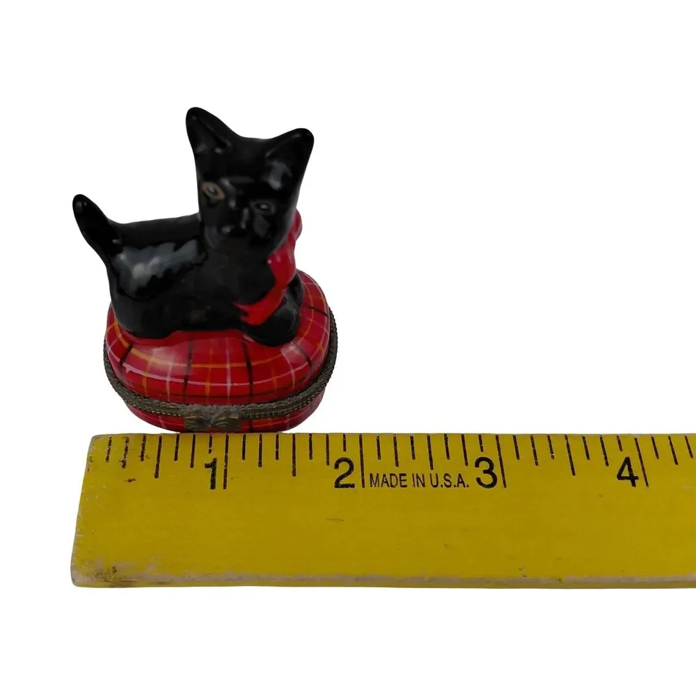 Scottie Scottish Terrier Dog On Red Pillow Porcelain Brass Trinket Box